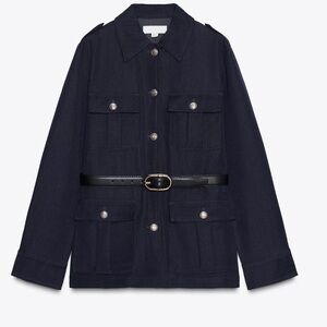 Zara NWT dark Navy military style jacket with belt patch pockets size small